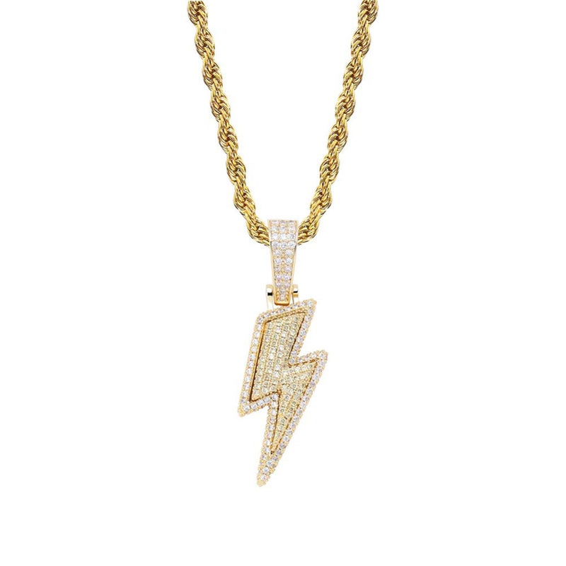 JINAO Hip Hop Lightning Bolt Design Pendant 18k Gold Plated Iced Out Cubic Zirconia Pendant Necklace with Micropave Simulated Diamond for Men Women (Gold) - Image 1